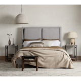 Featuring Potter Manor Grey Bed by Four Hands at Amethyst Home. Light, livable luxury. Upholstered in a grey synthetic-blend, a tapered headboard features fixed overscale pillows, for a calming look with great depth. Wire-brushed parawood legs lend a warm, natural finishing touch. Performance fabrics are specially created to withstand spills, stains, high t. Amethyst Home provides interior design, new home construction design consulting, vintage area rugs, and lighting in the Park City metro area.