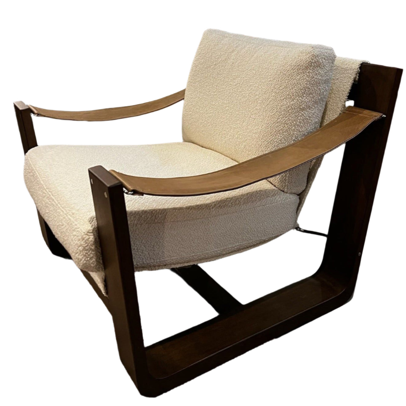 The classic sling chair gets a grand, elevated look. Solid wood frame is shaped, curved and smoothed on all edges. Cushioned seat and back are upholstered in top-grain leather. Amethyst Home provides interior design, new home construction design consulting, vintage area rugs, and lighting in the Boston metro area.