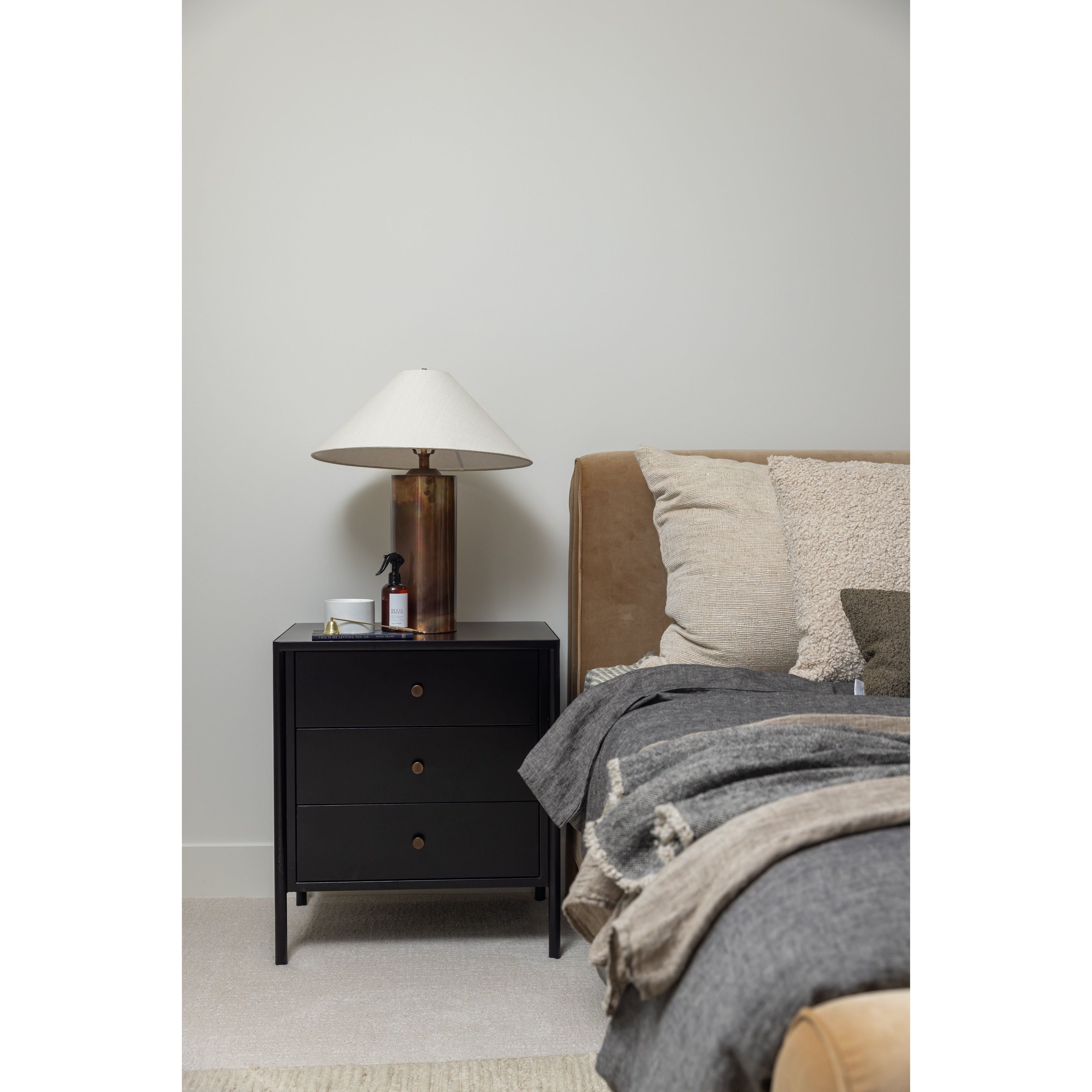 All-metal table lamp finished with a unique process to accomplish its iridescent acid wash look. The metal is first polished, then oxidized. It's finished with a heating process and lacquer seal for an antiqued look, complemented by a simple linen shade.Overall Dimensions: 20.00"w x 20.00"d x 24.00"hWeight : 7. Amethyst Home provides interior design, new home construction design consulting, vintage area rugs, and lighting in the Los Angeles metro area.
