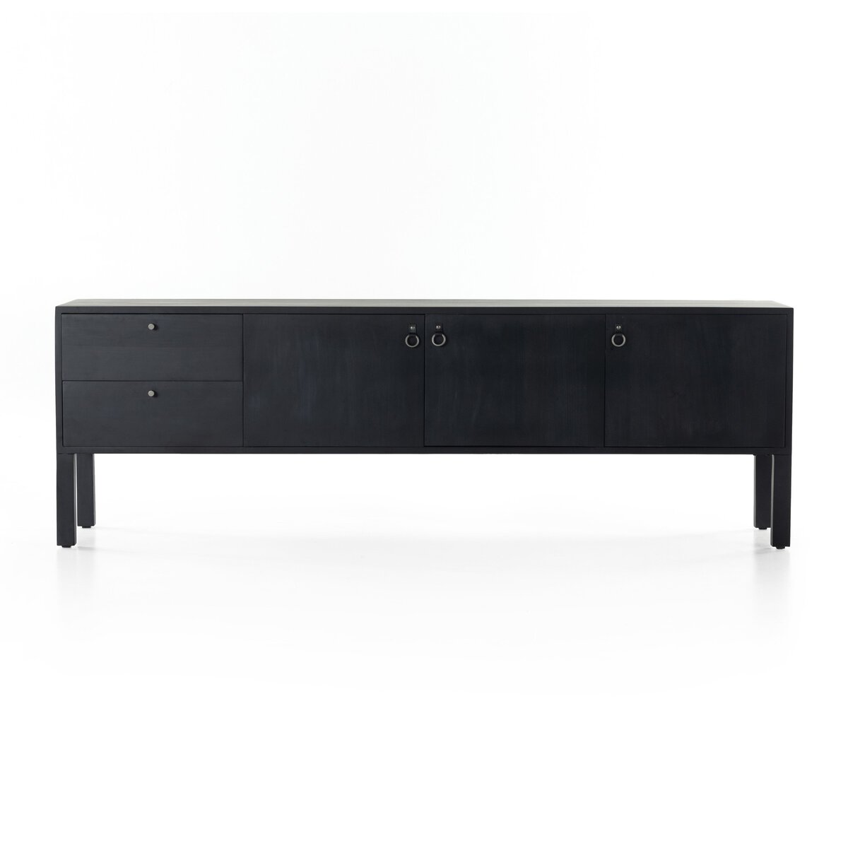 Beautifully simple in spirit. Black-washed dry poplar forms a clean-lined media console with faux dovetail joinery plus iron and leather hardware, for a material-driven update to Shaker-inspired styling. Rear cutouts for cord management.Overall Dimensions: 80"W x 19"L x 26"H Amethyst Home provides interior design, new home construction design consulting, vintage area rugs, and lighting in the Monterey metro area.