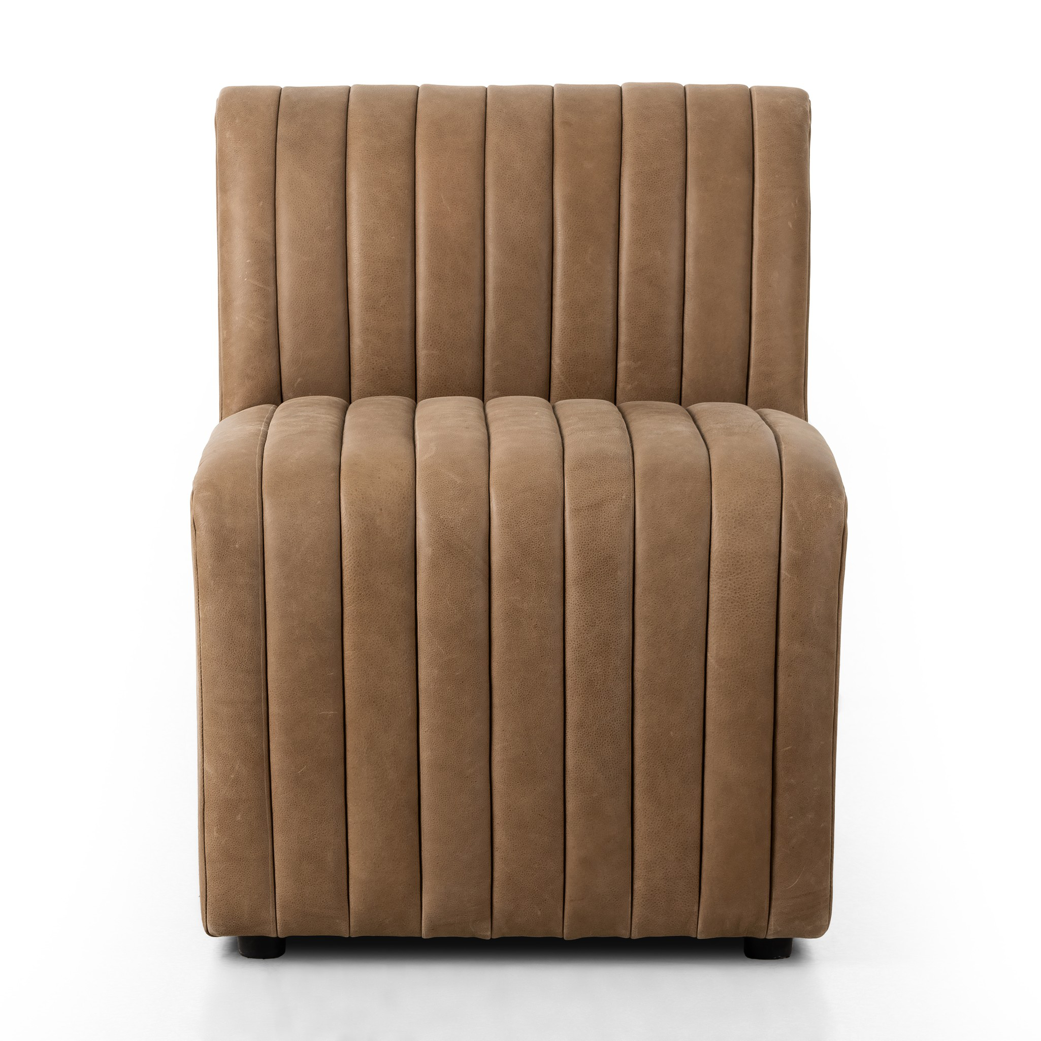 The armless dining bench is elevated with tan top-grain leather with a beautifully pronounced grain, plus dramatic channeling for a linear look. Perfectly sized for larger tables or spaces.Overall Dimensions:49" Bench: 49.00"w x 28.00"d x 31.50"hChair: 25.00"w x 28.00"d x 31.50"hCorner Chair: 28.00"w x 28.00"d x 31.50"hChair + A Half: 38.50"w x 28.00"d x 31. Amethyst Home provides interior design, new home construction design consulting, vintage area rugs, and lighting in the Kansas City metro area.