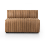 The armless dining bench is elevated with tan top-grain leather with a beautifully pronounced grain, plus dramatic channeling for a linear look. Perfectly sized for larger tables or spaces.Overall Dimensions:49" Bench: 49.00"w x 28.00"d x 31.50"hChair: 25.00"w x 28.00"d x 31.50"hCorner Chair: 28.00"w x 28.00"d x 31.50"hChair + A Half: 38.50"w x 28.00"d x 31. Amethyst Home provides interior design, new home construction design consulting, vintage area rugs, and lighting in the Austin metro area.
