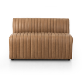 The armless dining bench is elevated with tan top-grain leather with a beautifully pronounced grain, plus dramatic channeling for a linear look. Perfectly sized for larger tables or spaces.Overall Dimensions:49" Bench: 49.00"w x 28.00"d x 31.50"hChair: 25.00"w x 28.00"d x 31.50"hCorner Chair: 28.00"w x 28.00"d x 31.50"hChair + A Half: 38.50"w x 28.00"d x 31. Amethyst Home provides interior design, new home construction design consulting, vintage area rugs, and lighting in the Austin metro area.