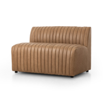 The armless dining bench is elevated with tan top-grain leather with a beautifully pronounced grain, plus dramatic channeling for a linear look. Perfectly sized for larger tables or spaces.Overall Dimensions:49" Bench: 49.00"w x 28.00"d x 31.50"hChair: 25.00"w x 28.00"d x 31.50"hCorner Chair: 28.00"w x 28.00"d x 31.50"hChair + A Half: 38.50"w x 28.00"d x 31. Amethyst Home provides interior design, new home construction design consulting, vintage area rugs, and lighting in the Des Moines metro area.