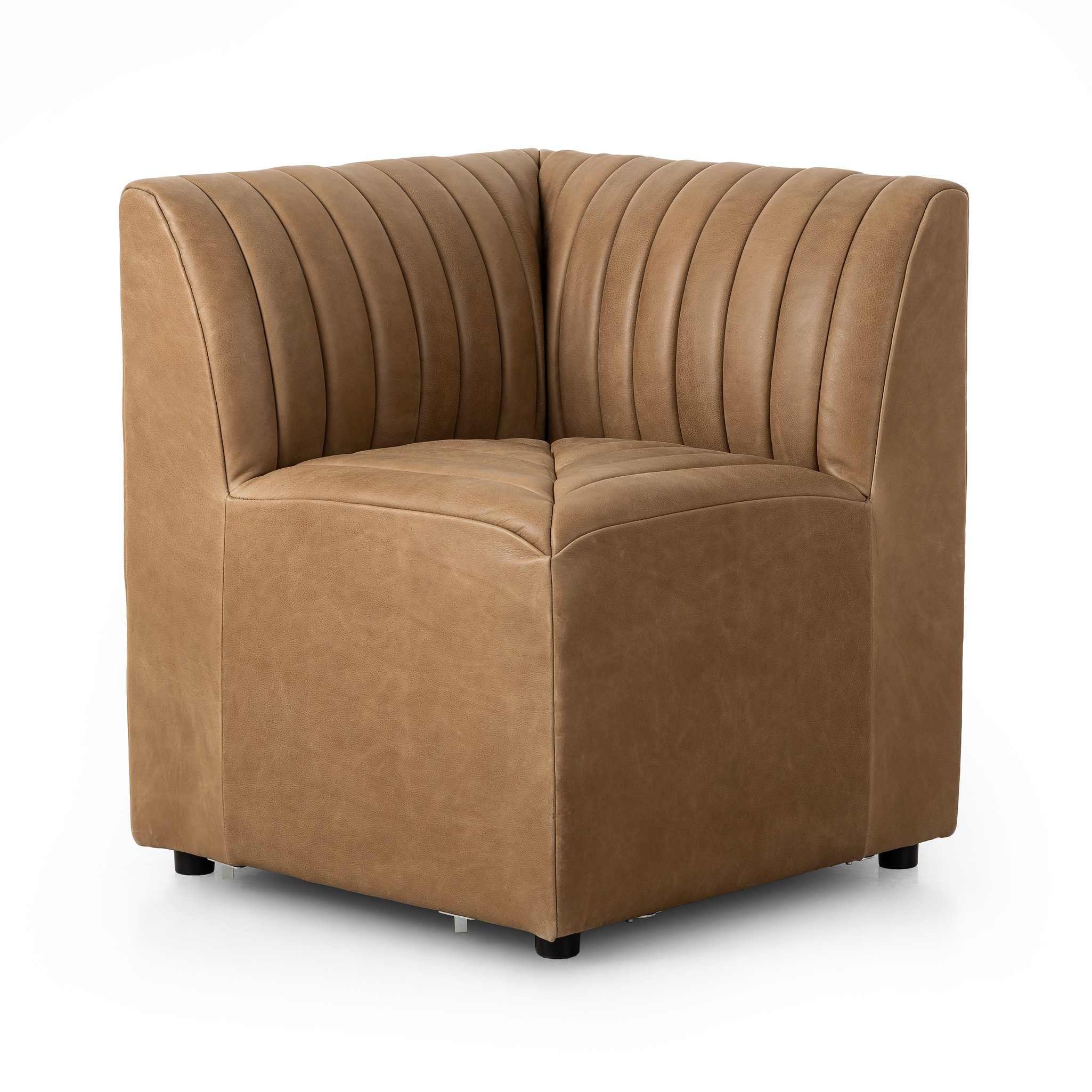 The armless dining bench is elevated with tan top-grain leather with a beautifully pronounced grain, plus dramatic channeling for a linear look. Perfectly sized for larger tables or spaces.Overall Dimensions:49" Bench: 49.00"w x 28.00"d x 31.50"hChair: 25.00"w x 28.00"d x 31.50"hCorner Chair: 28.00"w x 28.00"d x 31.50"hChair + A Half: 38.50"w x 28.00"d x 31. Amethyst Home provides interior design, new home construction design consulting, vintage area rugs, and lighting in the Dallas metro area.
