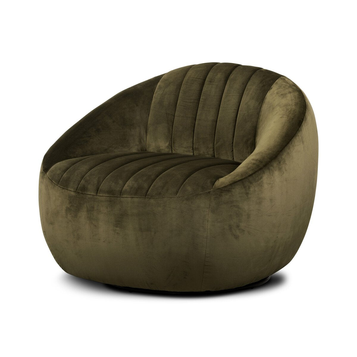 Velvety olive fabric and dramatic channeling make update traditional barrel seating while a hidden 360-degree swivel adds a modern finishing touch. Fabric features subtle highs and lows that change in appearance depending on the direction of the fabric's nap.Overall Dimensions: 35.50"W x 35.75"L x 29"H Amethyst Home provides interior design, new home construction design consulting, vintage area rugs, and lighting in the Laguna Beach metro area.