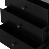 Bring a clean, beautifully industrial look to the bedroom with a three-drawer dresser made from black-finished iron, featuring bronzed iron hardware.
