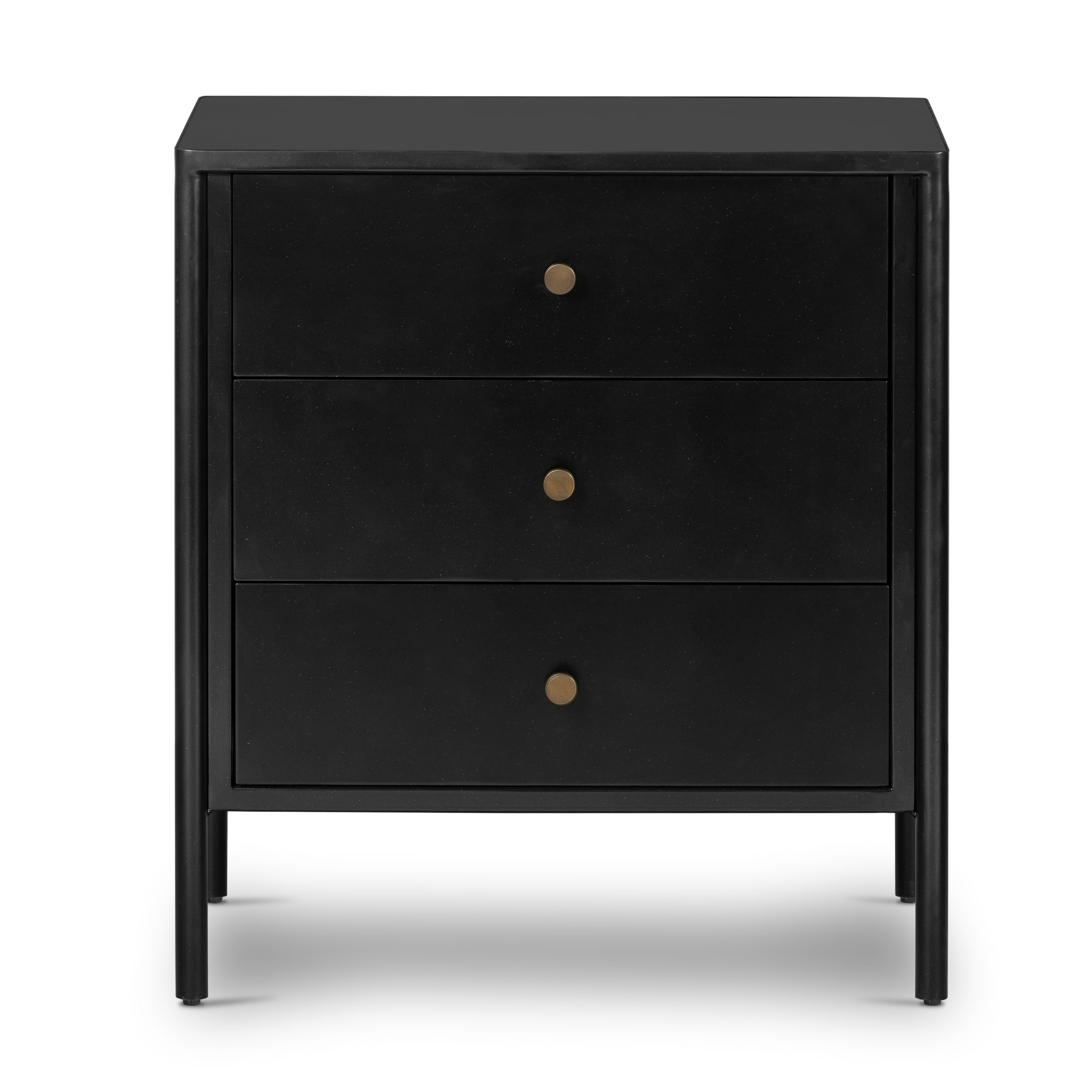 Bring a clean, beautifully industrial look to the bedroom with a three-drawer dresser made from black-finished iron, featuring bronzed iron hardware.