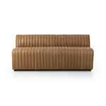 The armless dining bench is elevated with tan top-grain leather with a beautifully pronounced grain, plus dramatic channeling for a linear look. Perfectly sized for larger tables or spaces.Overall Dimensions:49" Bench: 49.00"w x 28.00"d x 31.50"hChair: 25.00"w x 28.00"d x 31.50"hCorner Chair: 28.00"w x 28.00"d x 31.50"hChair + A Half: 38.50"w x 28.00"d x 31. Amethyst Home provides interior design, new home construction design consulting, vintage area rugs, and lighting in the San Diego metro area.