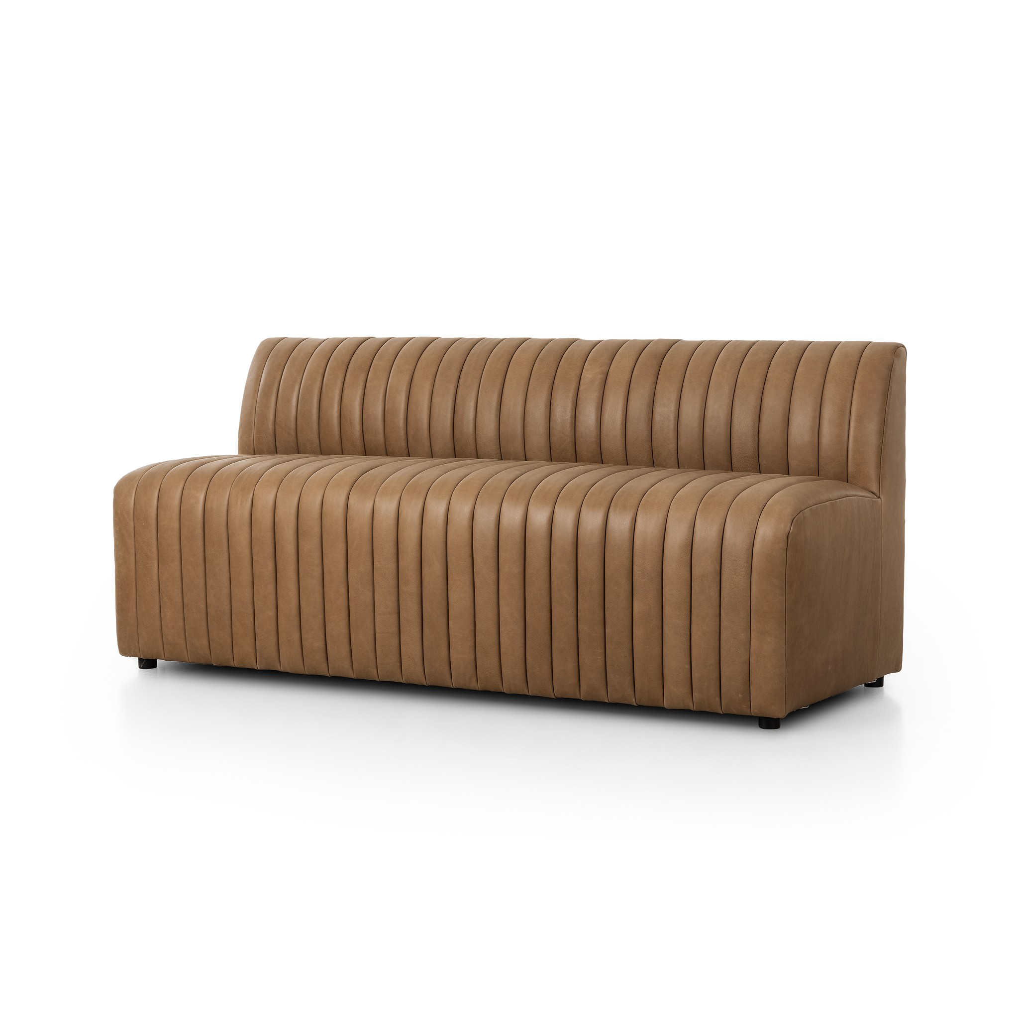 The armless dining bench is elevated with tan top-grain leather with a beautifully pronounced grain, plus dramatic channeling for a linear look. Perfectly sized for larger tables or spaces.Overall Dimensions:49" Bench: 49.00"w x 28.00"d x 31.50"hChair: 25.00"w x 28.00"d x 31.50"hCorner Chair: 28.00"w x 28.00"d x 31.50"hChair + A Half: 38.50"w x 28.00"d x 31. Amethyst Home provides interior design, new home construction design consulting, vintage area rugs, and lighting in the Seattle metro area.