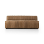The armless dining bench is elevated with tan top-grain leather with a beautifully pronounced grain, plus dramatic channeling for a linear look. Perfectly sized for larger tables or spaces.Overall Dimensions:49" Bench: 49.00"w x 28.00"d x 31.50"hChair: 25.00"w x 28.00"d x 31.50"hCorner Chair: 28.00"w x 28.00"d x 31.50"hChair + A Half: 38.50"w x 28.00"d x 31. Amethyst Home provides interior design, new home construction design consulting, vintage area rugs, and lighting in the Calabasas metro area.
