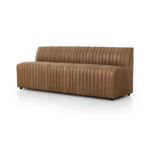 The armless dining bench is elevated with tan top-grain leather with a beautifully pronounced grain, plus dramatic channeling for a linear look. Perfectly sized for larger tables or spaces.Overall Dimensions:49" Bench: 49.00"w x 28.00"d x 31.50"hChair: 25.00"w x 28.00"d x 31.50"hCorner Chair: 28.00"w x 28.00"d x 31.50"hChair + A Half: 38.50"w x 28.00"d x 31. Amethyst Home provides interior design, new home construction design consulting, vintage area rugs, and lighting in the Houston metro area.