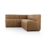 Featuring Augustine Palermo Drift Dining Banquette L Shape 91.5" by Four Hands at Amethyst Home. The beauty of this modular piece is that the vertical channeling makes for a cohesive feel despite being modular.  Welcome to your new favorite nook for morning coffee. An L-shaped dining banquette is upholstered in tan top-grain leather with a beautifully pronoun. Amethyst Home provides interior design, new home construction design consulting, vintage area rugs, and lighting in the Houston metro area.