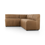 Featuring Augustine Palermo Drift Dining Banquette L Shape 91.5" by Four Hands at Amethyst Home. The beauty of this modular piece is that the vertical channeling makes for a cohesive feel despite being modular.  Welcome to your new favorite nook for morning coffee. An L-shaped dining banquette is upholstered in tan top-grain leather with a beautifully pronoun. Amethyst Home provides interior design, new home construction design consulting, vintage area rugs, and lighting in the Houston metro area.