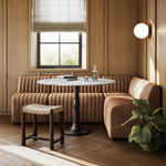 Featuring Augustine Palermo Drift Dining Banquette L Shape 91.5" by Four Hands at Amethyst Home. The beauty of this modular piece is that the vertical channeling makes for a cohesive feel despite being modular.  Welcome to your new favorite nook for morning coffee. An L-shaped dining banquette is upholstered in tan top-grain leather with a beautifully pronoun. Amethyst Home provides interior design, new home construction design consulting, vintage area rugs, and lighting in the Seattle metro area.