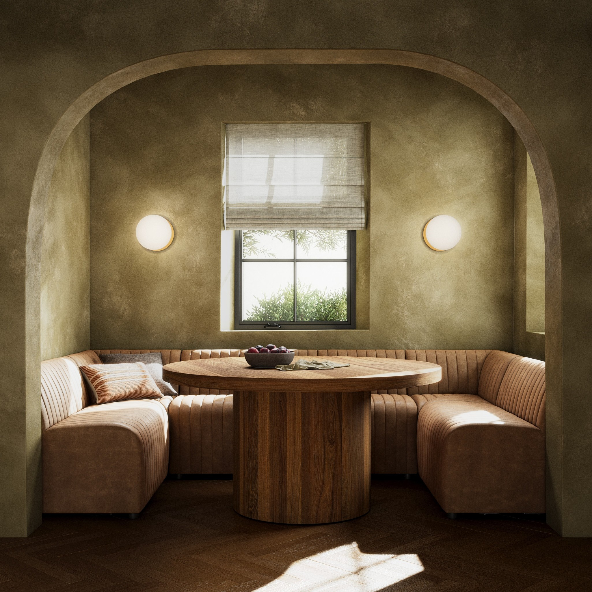 The armless dining bench is elevated with tan top-grain leather with a beautifully pronounced grain, plus dramatic channeling for a linear look. Perfectly sized for larger tables or spaces.Overall Dimensions:49" Bench: 49.00"w x 28.00"d x 31.50"hChair: 25.00"w x 28.00"d x 31.50"hCorner Chair: 28.00"w x 28.00"d x 31.50"hChair + A Half: 38.50"w x 28.00"d x 31. Amethyst Home provides interior design, new home construction design consulting, vintage area rugs, and lighting in the Los Angeles metro area.