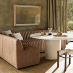 The armless dining bench is elevated with tan top-grain leather with a beautifully pronounced grain, plus dramatic channeling for a linear look. Perfectly sized for larger tables or spaces.Overall Dimensions:49" Bench: 49.00"w x 28.00"d x 31.50"hChair: 25.00"w x 28.00"d x 31.50"hCorner Chair: 28.00"w x 28.00"d x 31.50"hChair + A Half: 38.50"w x 28.00"d x 31. Amethyst Home provides interior design, new home construction design consulting, vintage area rugs, and lighting in the Tampa metro area.