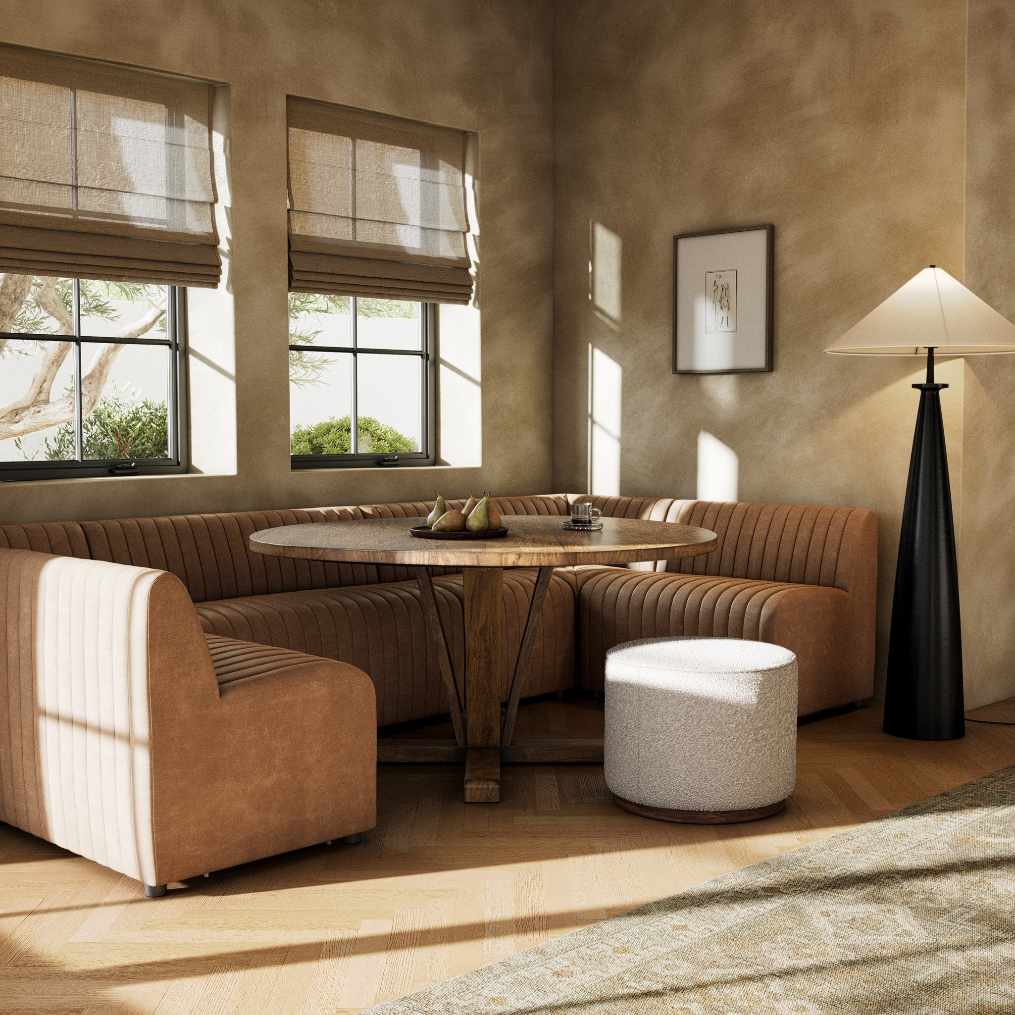 The armless dining bench is elevated with tan top-grain leather with a beautifully pronounced grain, plus dramatic channeling for a linear look. Perfectly sized for larger tables or spaces.Overall Dimensions:49" Bench: 49.00"w x 28.00"d x 31.50"hChair: 25.00"w x 28.00"d x 31.50"hCorner Chair: 28.00"w x 28.00"d x 31.50"hChair + A Half: 38.50"w x 28.00"d x 31. Amethyst Home provides interior design, new home construction design consulting, vintage area rugs, and lighting in the Laguna Beach metro area.
