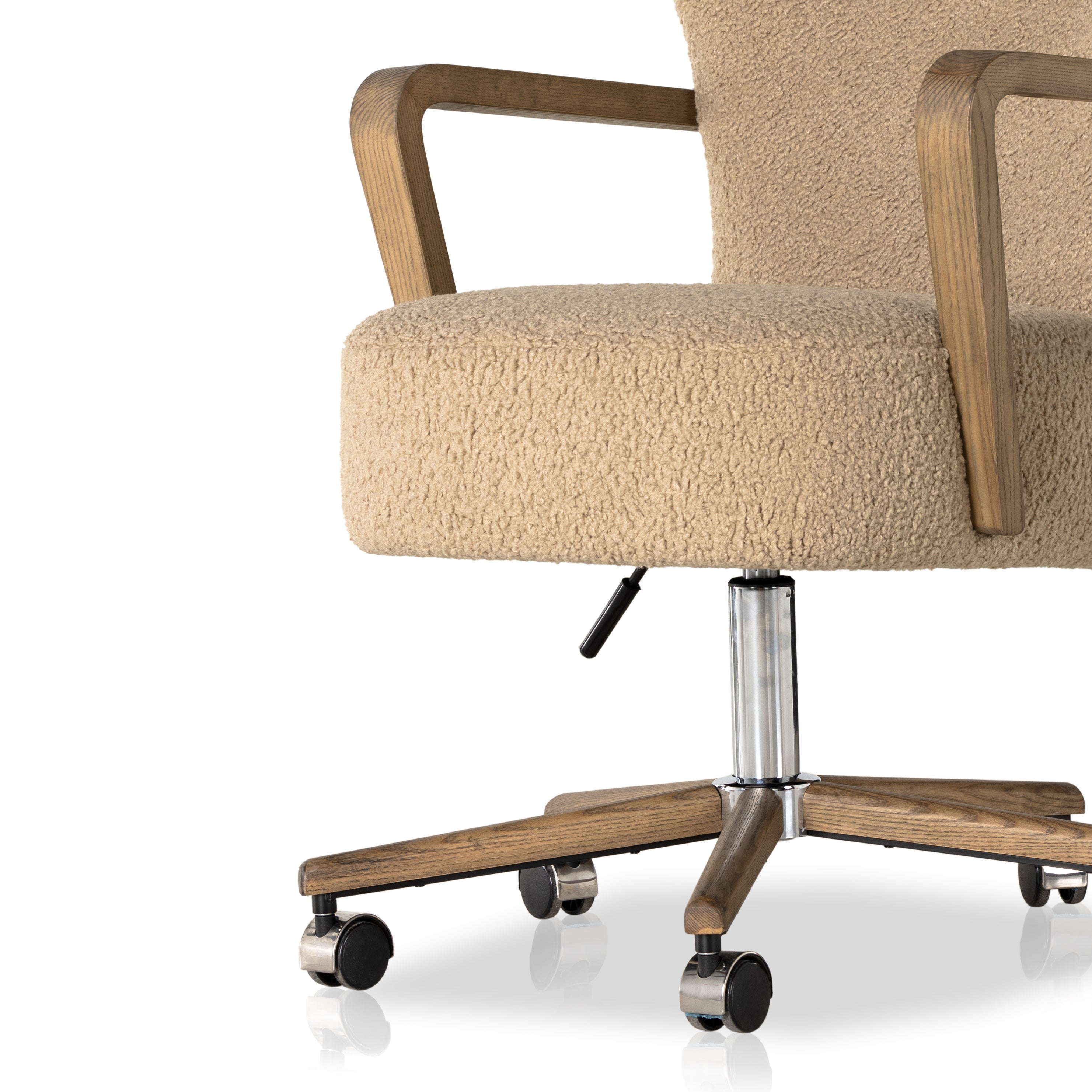 Featuring Melrose Sheepskin Camel Desk Chair by Four Hands at Amethyst Home. A comfort-driven desk chair features soft, textural upholstery in a versatile camel, framed by solid ash arms. A height-adjustable swivel base with casters makes for ease in the modern office.Overall Dimensions: 24.50"W x 27.25"L x 40"HColors: Amber Ash, Polished Aluminum, Sheepskin Ca. Amethyst Home provides interior design, new home construction design consulting, vintage area rugs, and lighting in the Tampa metro area.