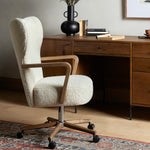 Featuring Melrose Sheepskin Natural Desk Chair by Four Hands at Amethyst Home. A comfort-driven desk chair features soft, textural upholstery, framed by solid ash arms. A height-adjustable swivel base with casters makes for ease in the modern office.Overall Dimensions: 24.50"W x 27.25"L x 40"HColors: Amber Ash, Polished Aluminum, Sheepskin NaturalMateri. Amethyst Home provides interior design, new home construction design consulting, vintage area rugs, and lighting in the Oklahoma City metro area.