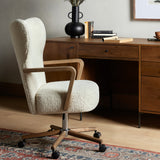 Featuring Melrose Sheepskin Natural Desk Chair by Four Hands at Amethyst Home. A comfort-driven desk chair features soft, textural upholstery, framed by solid ash arms. A height-adjustable swivel base with casters makes for ease in the modern office.Overall Dimensions: 24.50"W x 27.25"L x 40"HColors: Amber Ash, Polished Aluminum, Sheepskin NaturalMateri. Amethyst Home provides interior design, new home construction design consulting, vintage area rugs, and lighting in the Oklahoma City metro area.