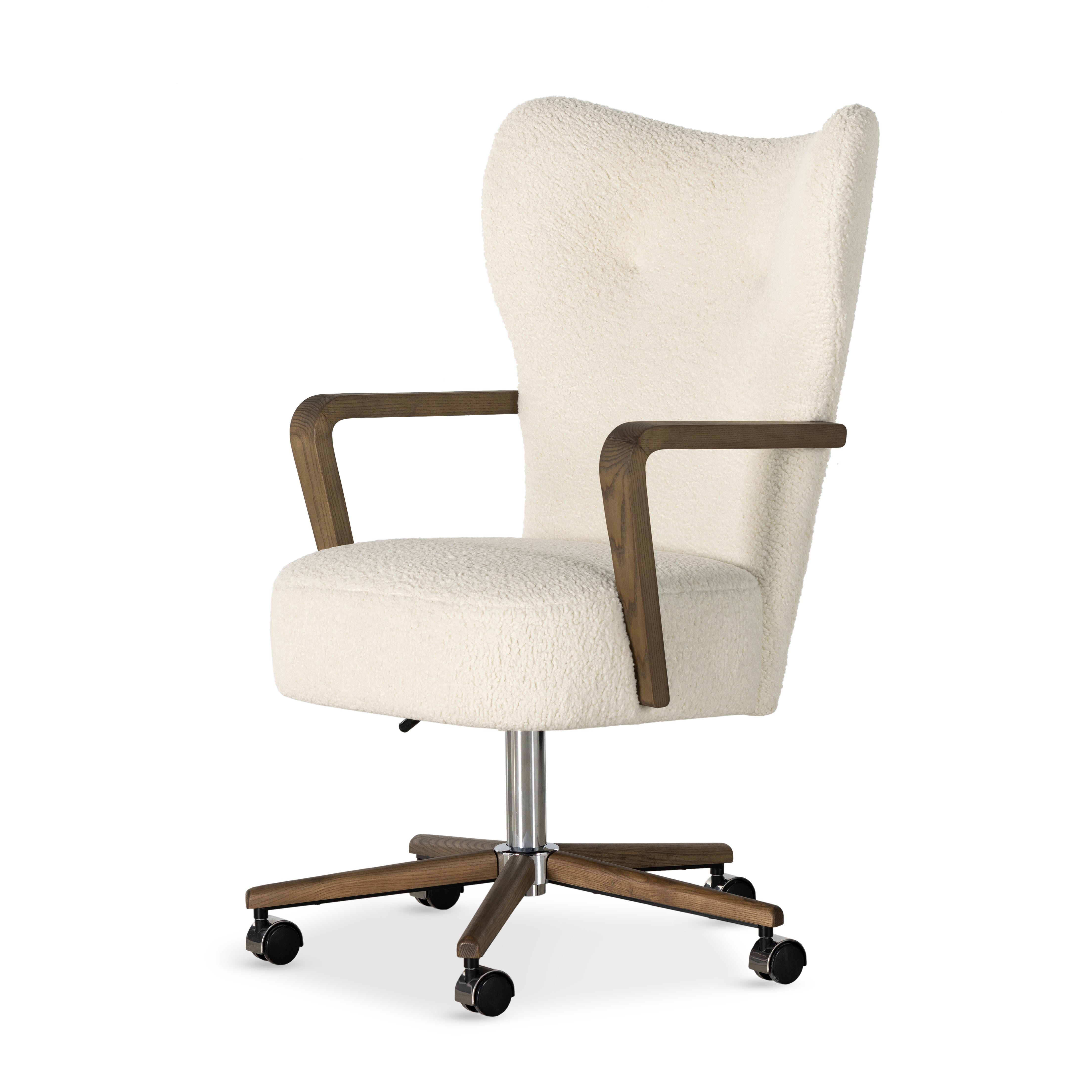 Featuring Melrose Sheepskin Natural Desk Chair by Four Hands at Amethyst Home. A comfort-driven desk chair features soft, textural upholstery, framed by solid ash arms. A height-adjustable swivel base with casters makes for ease in the modern office.Overall Dimensions: 24.50"W x 27.25"L x 40"HColors: Amber Ash, Polished Aluminum, Sheepskin NaturalMaterial. Amethyst Home provides interior design, new home construction design consulting, vintage area rugs, and lighting in the Kansas City metro area.