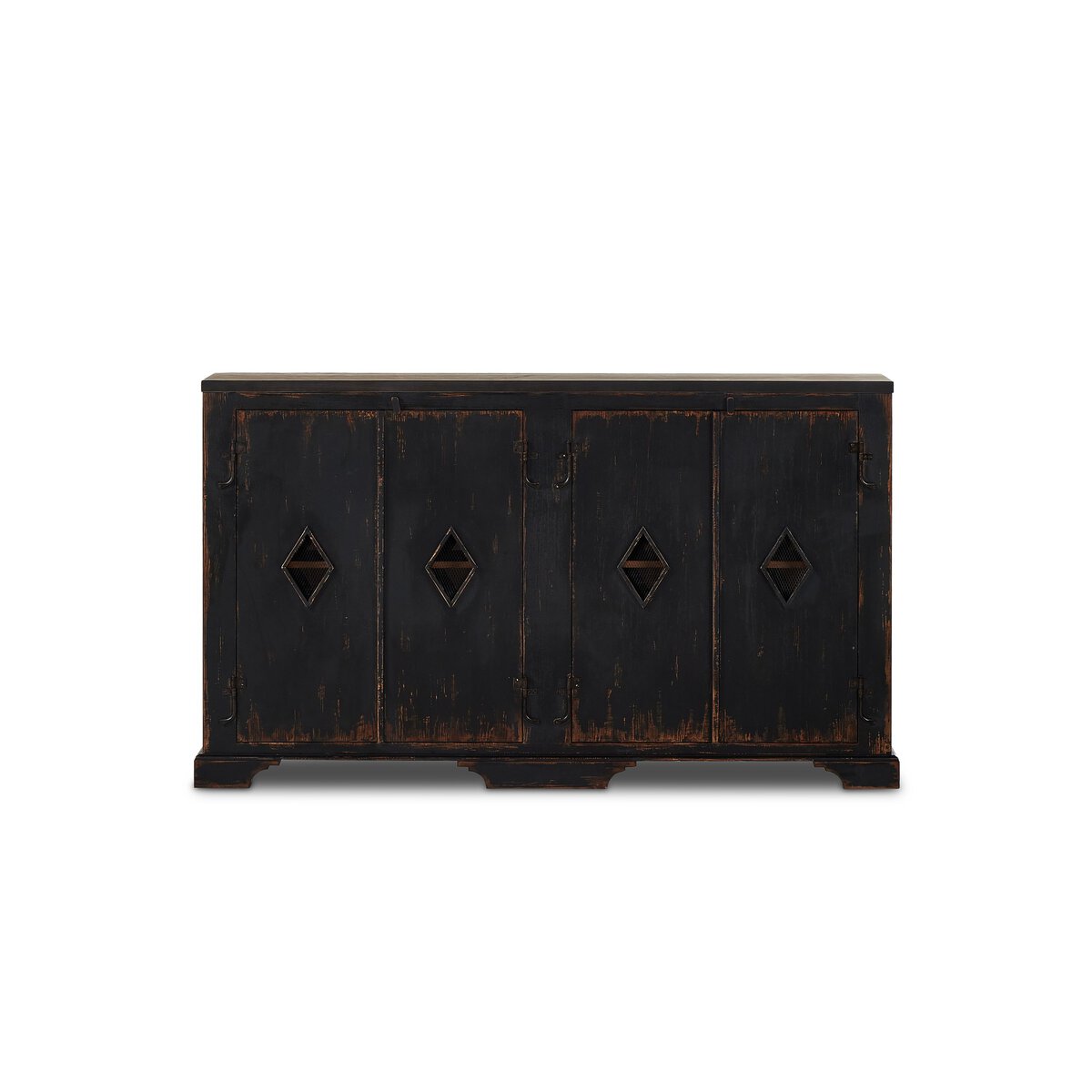 By the makers at Van Thiel, known for their antique-inspired pieces and hand-applied finishes. This wide but slim solid pine cabinet features door fronts with diamond cutout details and wire mesh inserts. Detailed with antique-inspired hardware and hinges. Metal-clad top in oil-rubbed bronze finish. Amethyst Home provides interior design, new home construction design consulting, vintage area rugs, and lighting in the Dallas metro area.