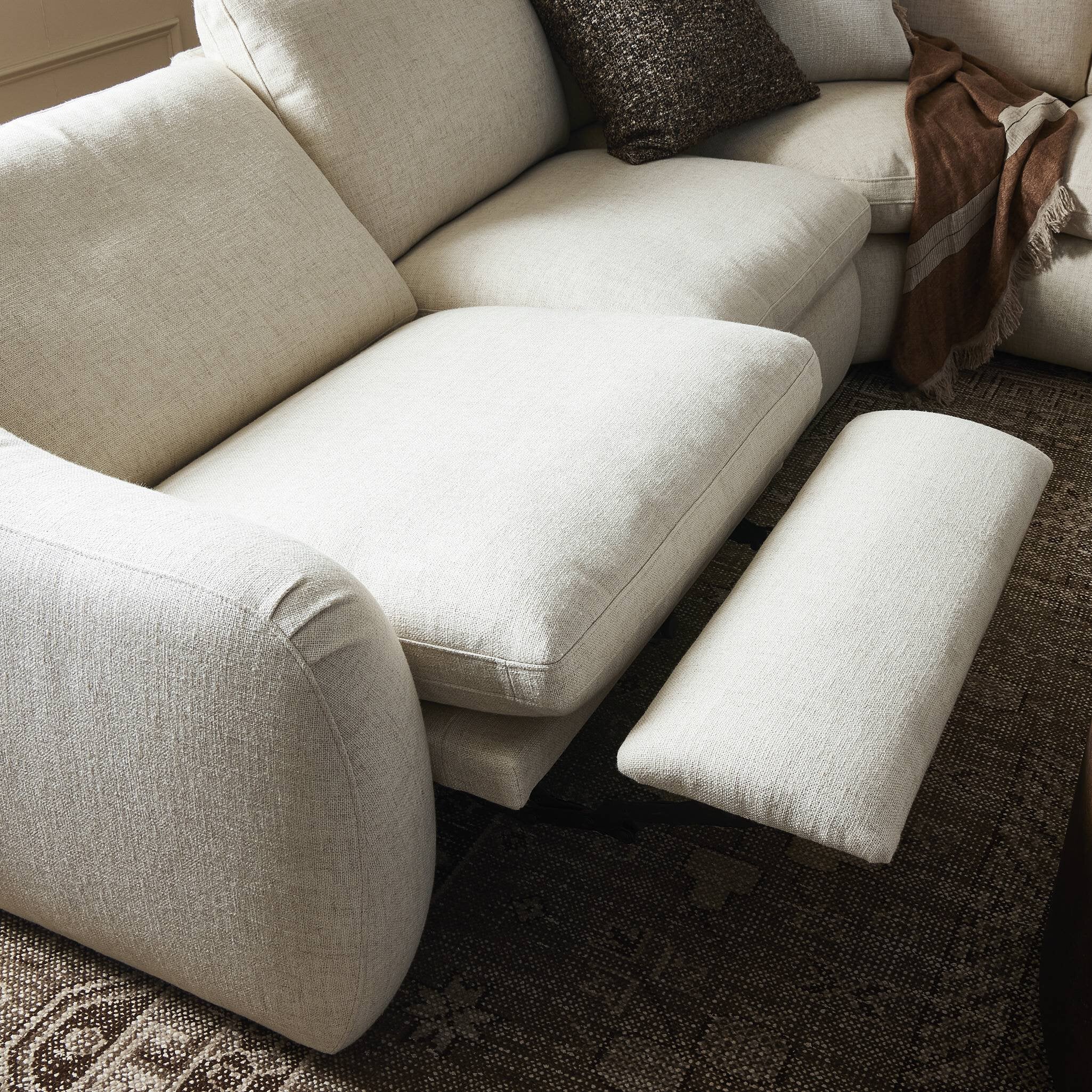 Featuring Crawford Antigo Natural Power Recliner 5-Piece Sectional Sofa by Four Hands at Amethyst Home. A fresh take on the classic recliner sectional. Customize your comfort level with the push of hidden buttons with pieces in our Power Motion collection. Sculpted in light, versatile high-performance fabric. Performance fabrics are specially created to withsta. Amethyst Home provides interior design, new home construction design consulting, vintage area rugs, and lighting in the Tampa metro area.