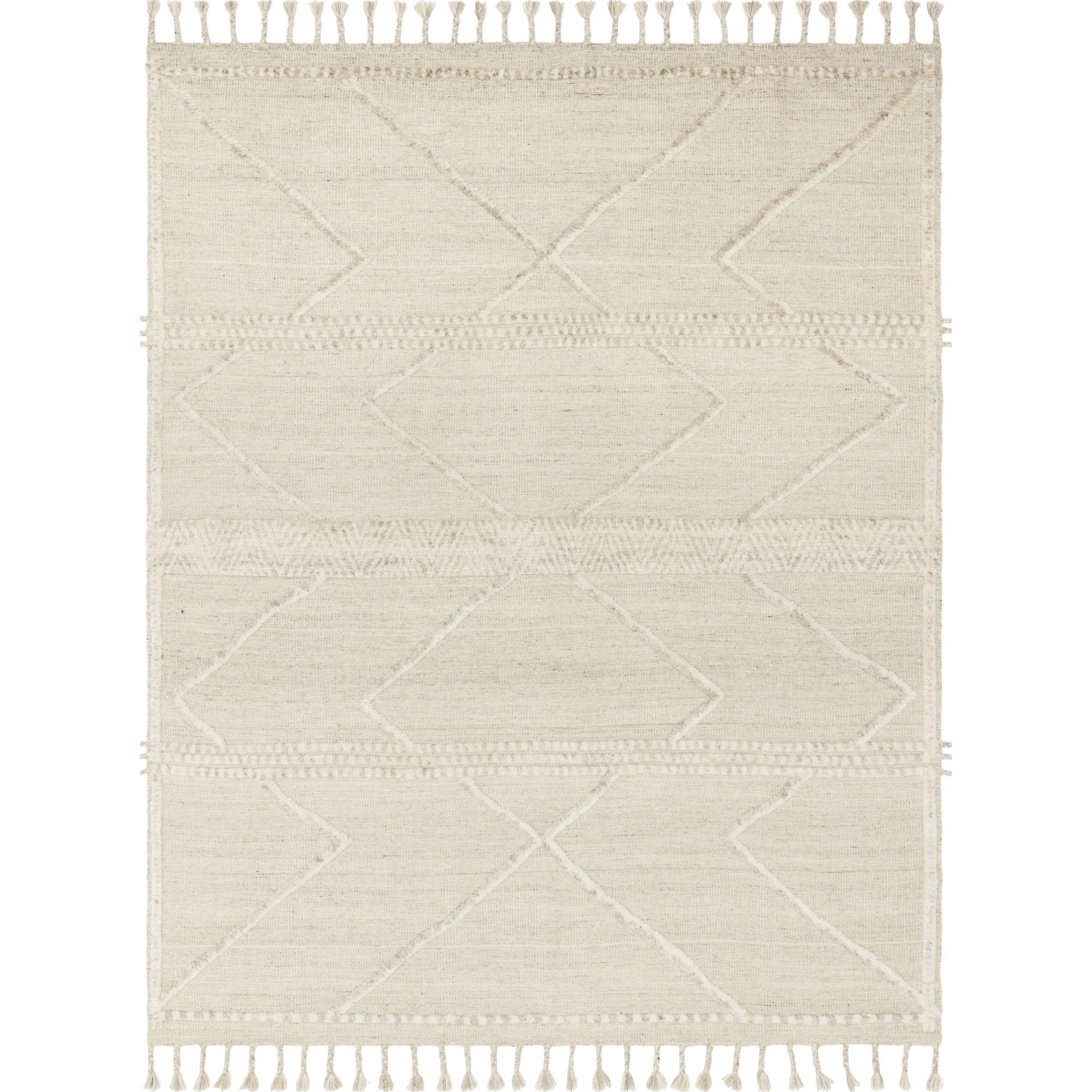 Iman Beige/Ivory Rug - Amethyst Home A new take on Moroccan style rugs, the Iman Collection is hand-knotted of 100% wool pile by skilled artisans in India. The surface features linear and braided details, creating tonal variations that make each piece unique. Plus, each design is finished with playful fringe.