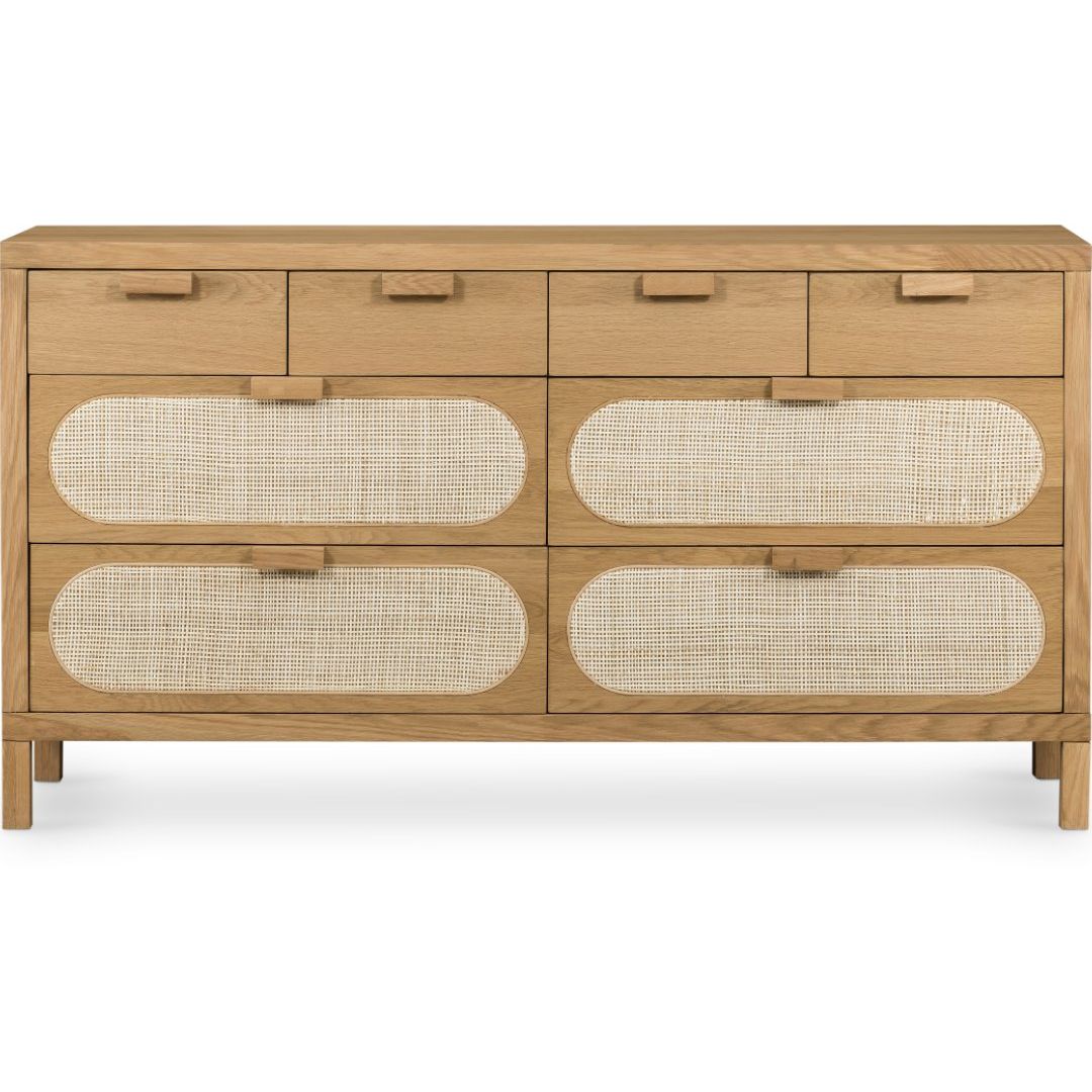 Featuring Allegra 8 Drawer Dresser - Natural Cane by Four Hands at Amethyst Home. This Allegra 8 Drawer Dresser - Natural Cane is made of a gorgeous, honey-finished oak. With eight spacious drawers and wood-backed cane paneling, the soft, neutral look brings to life to any bedroom. 
Overall Dimensions: 61"W x 18"L x 33"H
Colors: Honey Oak Veneer, Light Natura.  Amethyst Home provides interior design, new home construction design consulting, vintage area rugs, and lighting in the Boston metro area.