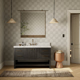 Featuring Anthem Black Wash Oak Veneer Single Wide Vanity by Four Hands at Amethyst Home. Set the tone for a calming, peaceful space with this simple, yet spacious design. Crafted with a wire-brushed, thick oak veneer base in a black wash finish for added character, a Carrera marble top and solid brass hardware. A mix of drawers, cabinets and open shelving offers a variety of storag. Amethyst Home provides interior design, new construction, custom furniture, and area rugs in the Seattle metro area