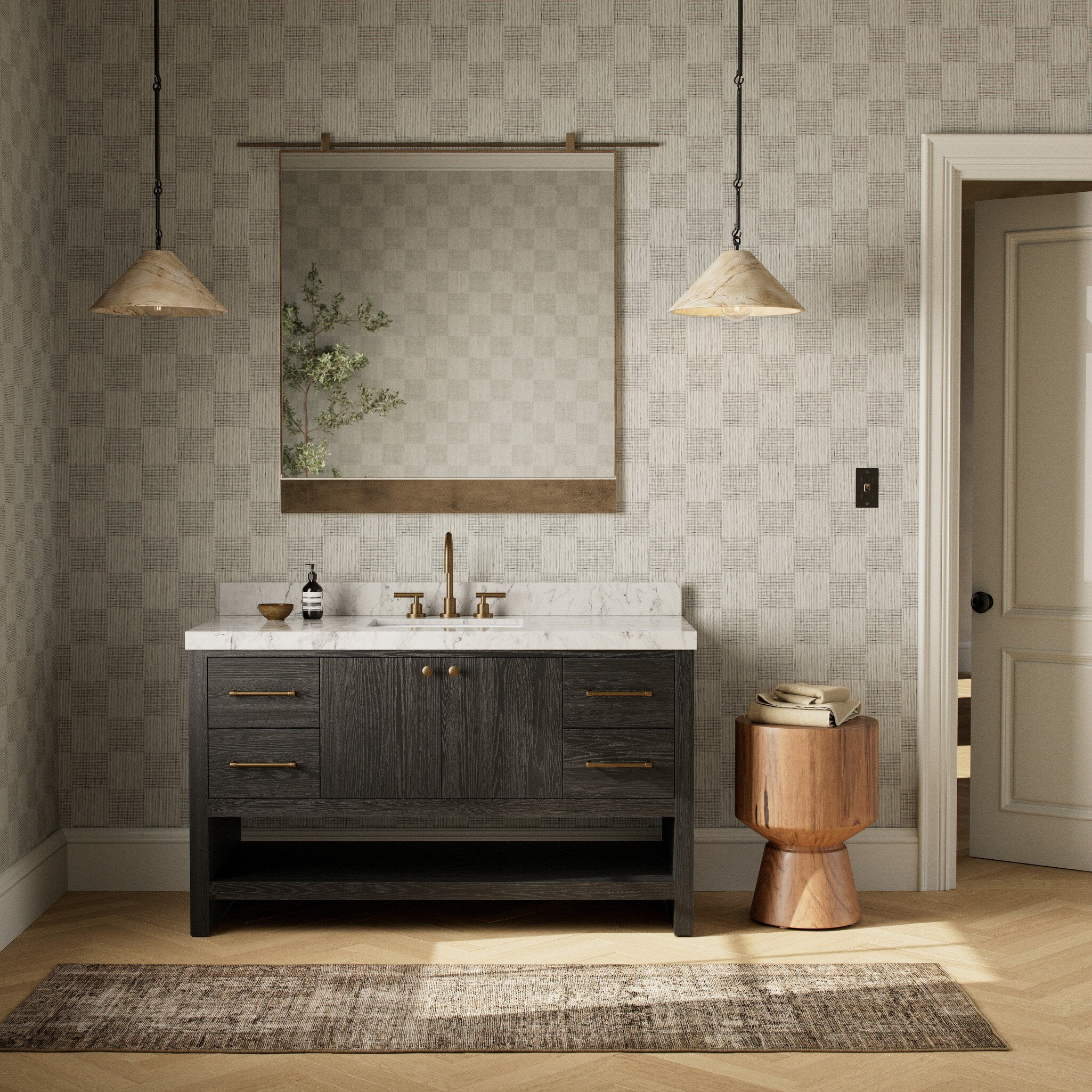Featuring Anthem Black Wash Oak Veneer Single Wide Vanity by Four Hands at Amethyst Home. Set the tone for a calming, peaceful space with this simple, yet spacious design. Crafted with a wire-brushed, thick oak veneer base in a black wash finish for added character, a Carrera marble top and solid brass hardware. A mix of drawers, cabinets and open shelving offers a variety of storag. Amethyst Home provides interior design, new construction, custom furniture, and area rugs in the Seattle metro area