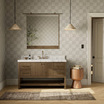 Featuring Anthem Washed Natural Veneer Single Wide Vanity by Four Hands at Amethyst Home. Set the tone for a calming, peaceful space with this simple, yet spacious design. Crafted with a wire-brushed, thick oak veneer base in a natural finish for added character, a Carrera marble top and solid brass hardware. A mix of drawers, cabinets and open shelving offers a variety of storage. Amethyst Home provides interior design, new construction, custom furniture, and area rugs in the Charlotte metro area