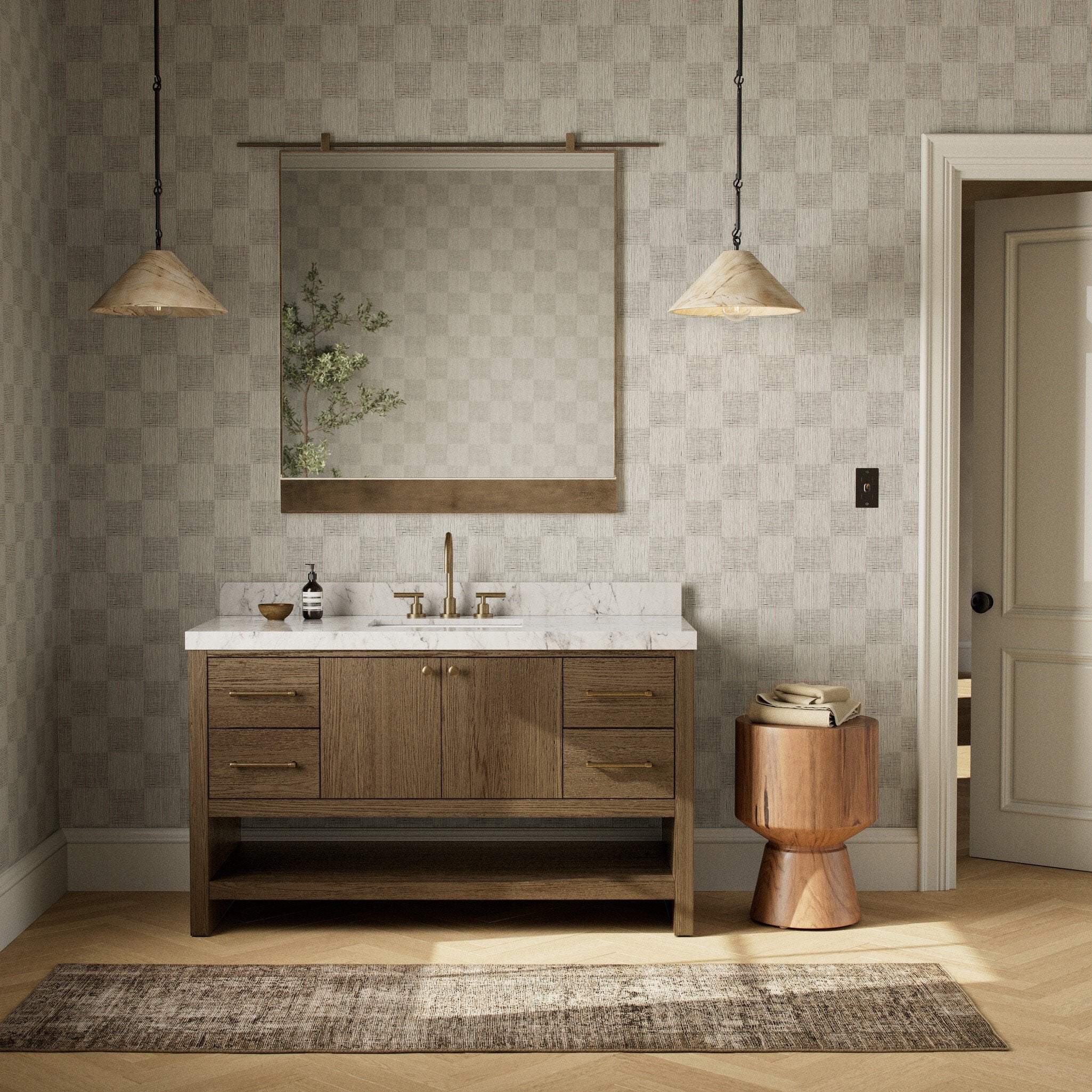 Featuring Anthem Washed Natural Veneer Single Wide Vanity by Four Hands at Amethyst Home. Set the tone for a calming, peaceful space with this simple, yet spacious design. Crafted with a wire-brushed, thick oak veneer base in a natural finish for added character, a Carrera marble top and solid brass hardware. A mix of drawers, cabinets and open shelving offers a variety of storage. Amethyst Home provides interior design, new construction, custom furniture, and area rugs in the Charlotte metro area