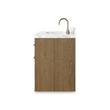 Featuring Anthem Washed Natural Veneer Single Wide Vanity by Four Hands at Amethyst Home. Set the tone for a calming, peaceful space with this simple, yet spacious design. Crafted with a wire-brushed, thick oak veneer base in a natural finish for added character, a Carrera marble top and solid brass hardware. A mix of drawers, cabinets and open shelving offers a variety of storag. Amethyst Home provides interior design, new construction, custom furniture, and area rugs in the Washington metro area
