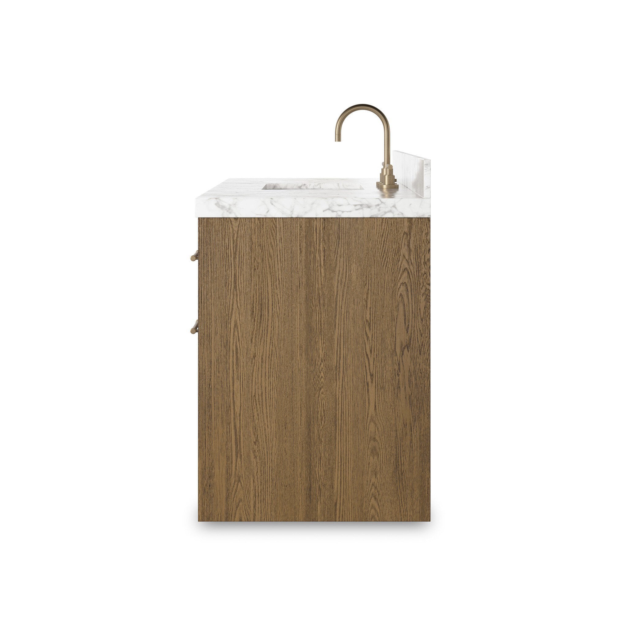 Featuring Anthem Washed Natural Veneer Single Wide Vanity by Four Hands at Amethyst Home. Set the tone for a calming, peaceful space with this simple, yet spacious design. Crafted with a wire-brushed, thick oak veneer base in a natural finish for added character, a Carrera marble top and solid brass hardware. A mix of drawers, cabinets and open shelving offers a variety of storag. Amethyst Home provides interior design, new construction, custom furniture, and area rugs in the Washington metro area