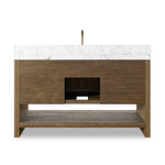 Featuring Anthem Washed Natural Veneer Single Wide Vanity by Four Hands at Amethyst Home. Set the tone for a calming, peaceful space with this simple, yet spacious design. Crafted with a wire-brushed, thick oak veneer base in a natural finish for added character, a Carrera marble top and solid brass hardware. A mix of drawers, cabinets and open shelving offers a variety of sto. Amethyst Home provides interior design, new construction, custom furniture, and area rugs in the Winter Garden metro area