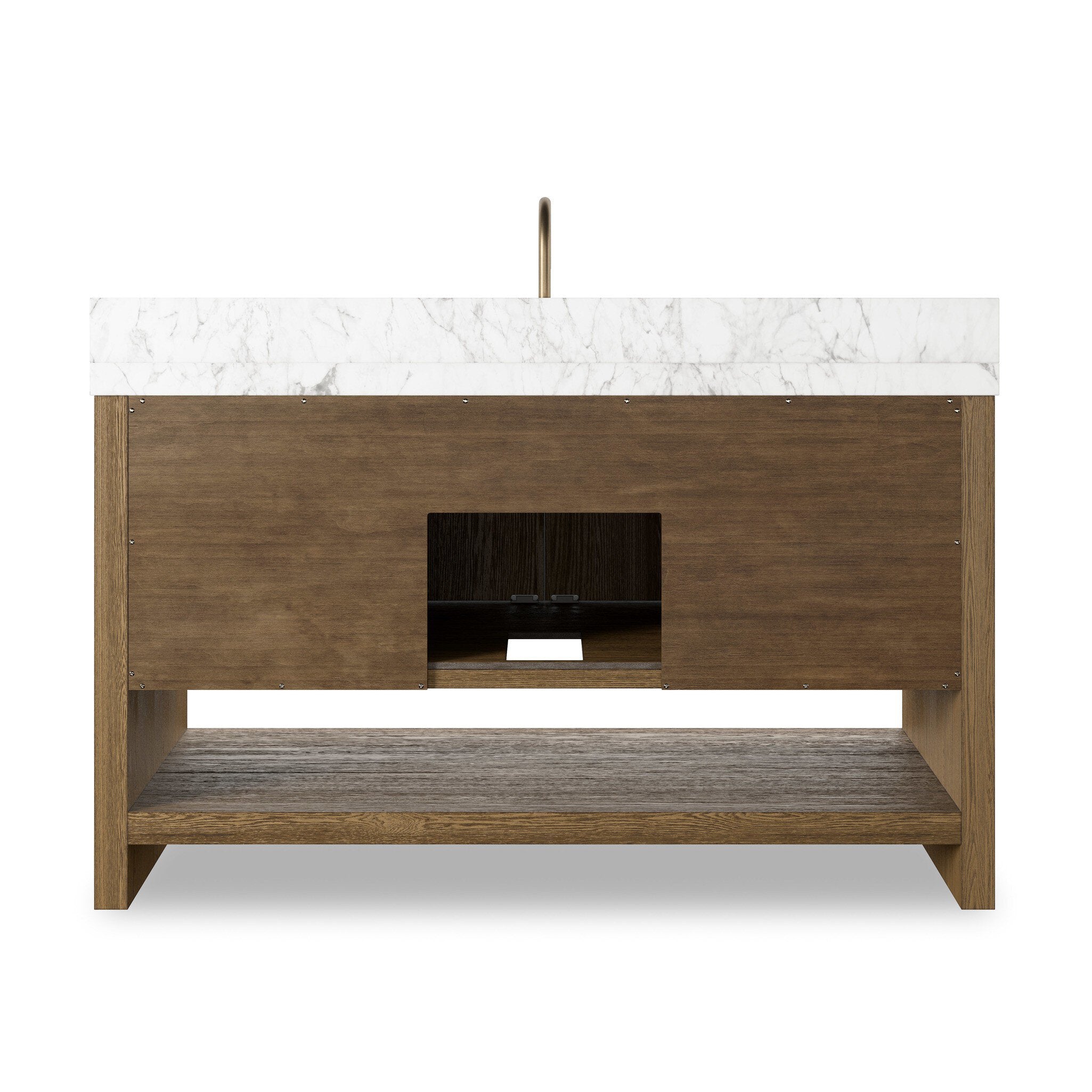 Featuring Anthem Washed Natural Veneer Single Wide Vanity by Four Hands at Amethyst Home. Set the tone for a calming, peaceful space with this simple, yet spacious design. Crafted with a wire-brushed, thick oak veneer base in a natural finish for added character, a Carrera marble top and solid brass hardware. A mix of drawers, cabinets and open shelving offers a variety of sto. Amethyst Home provides interior design, new construction, custom furniture, and area rugs in the Winter Garden metro area