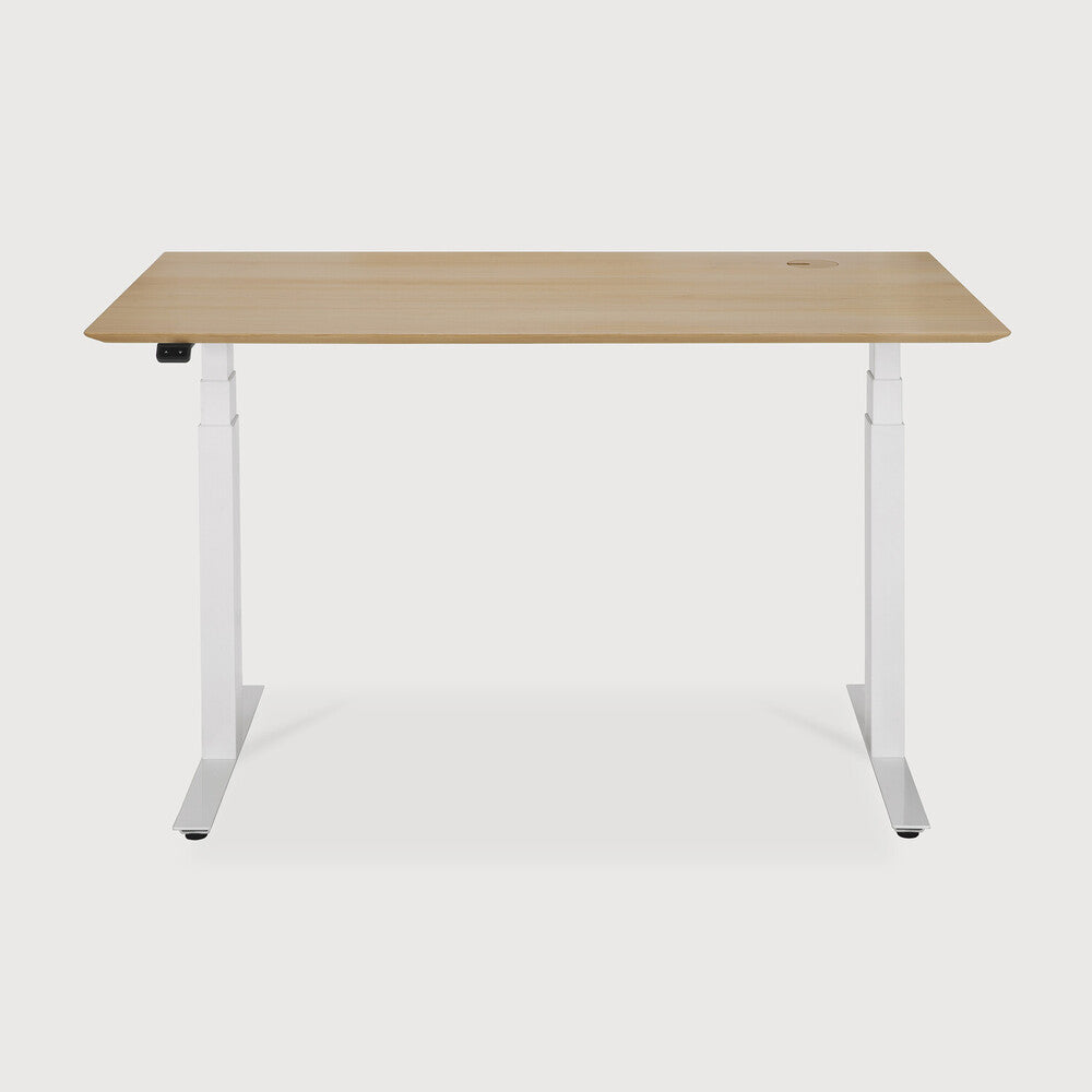 Featuring Bok White Us Oak Adjustable Desk by Ethnicraft at Amethyst Home. The Bok adjustable desk was designed with the importance of health and good posture in mind. The motorised system in its legs allows the tabletop to be elevated to the height of your liking. That way, you can easily switch between sitting and standing throughout the workday. Choose between white or black metal . Amethyst Home provides interior design, new construction, custom furniture, and area rugs in the Omaha metro area