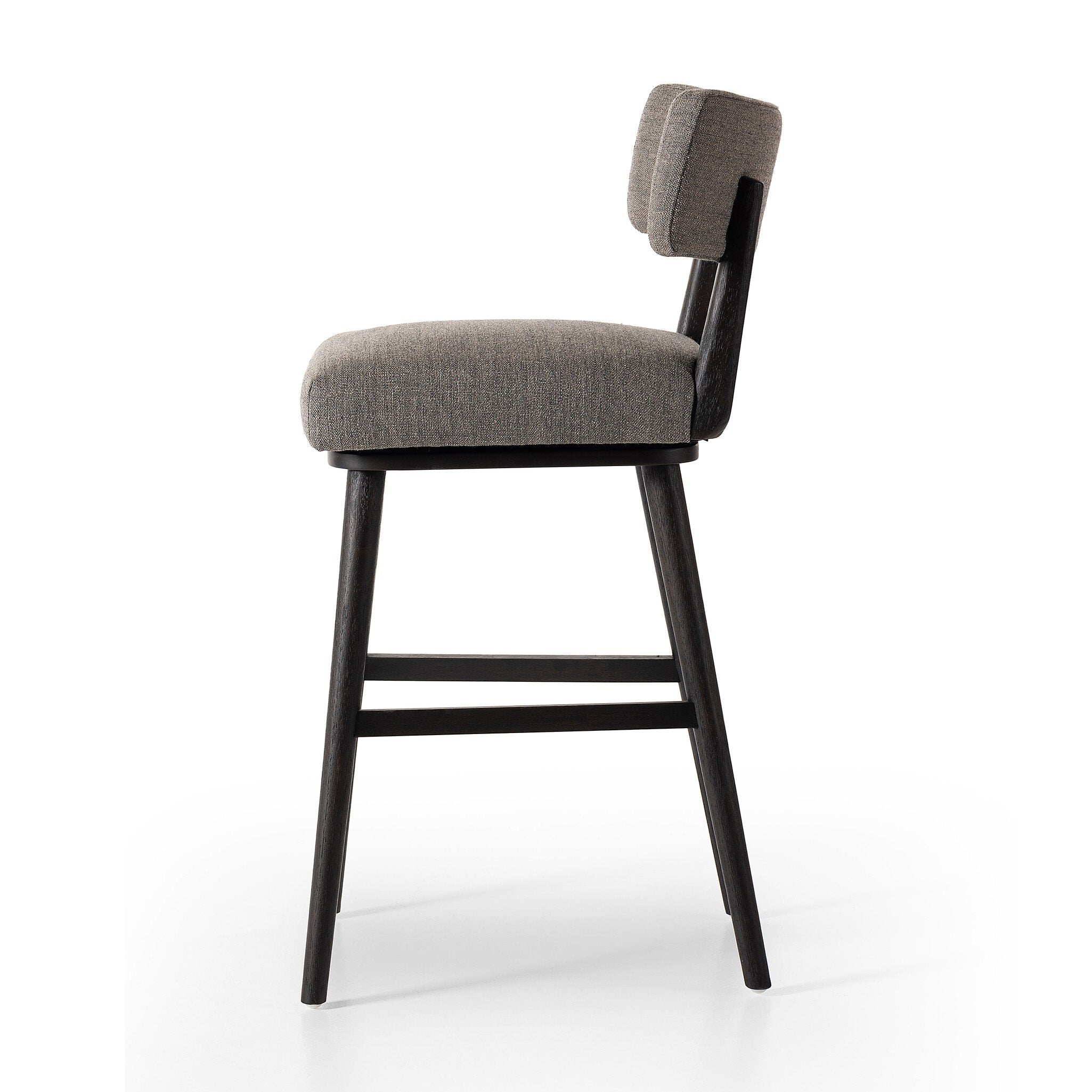 Featuring Cardell Alcala Nickel Swivel Bar + Counter Stool by Four Hands at Amethyst Home. Natural solid parawood forms a curved barrel back on this everyday dining stool featuring a memory swivel. Plush cushioned seat and back are upholstered in a performance fabric. High-performance fabrics are specially created to withstand spills, stains, high traffic and wear, ensuring long-term. Amethyst Home provides interior design, new construction, custom furniture, and area rugs in the Austin metro area