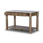 Featuring Dothan White Marble Kitchen Island by Four Hands at Amethyst Home. Antique turn shape-inspired with a fresh geometric twist. Finished in toasted oak and paired with white marble, it offers functionality with three drawers on each side, plus a spacious bottom shelf for bonus storage.Overall Dimensions: 58.00"w x 31.00"d x 36.00"hWeight : 322.76 lbsMaterials : Solid Marble, S. Amethyst Home provides interior design, new construction, custom furniture, and area rugs in the Boston metro area
