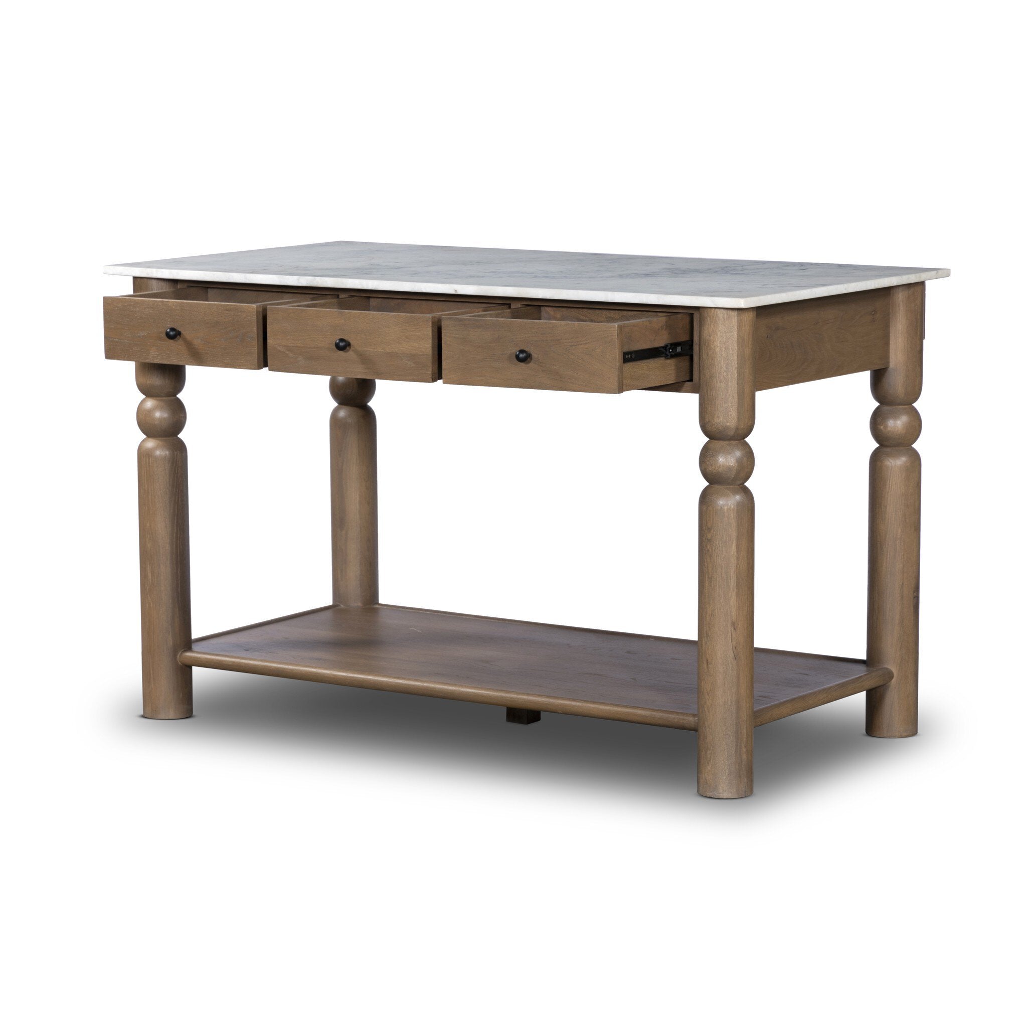Featuring Dothan White Marble Kitchen Island by Four Hands at Amethyst Home. Antique turn shape-inspired with a fresh geometric twist. Finished in toasted oak and paired with white marble, it offers functionality with three drawers on each side, plus a spacious bottom shelf for bonus storage.Overall Dimensions: 58.00"w x 31.00"d x 36.00"hWeight : 322.76 lbsMaterials : Solid Marble, S. Amethyst Home provides interior design, new construction, custom furniture, and area rugs in the Boston metro area