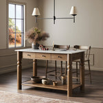 Featuring Dothan White Marble Kitchen Island by Four Hands at Amethyst Home. Antique turn shape-inspired with a fresh geometric twist. Finished in toasted oak and paired with white marble, it offers functionality with three drawers on each side, plus a spacious bottom shelf for bonus storage.Overall Dimensions: 58.00"w x 31.00"d x 36.00"hWeight : 322.76 lbsMaterials : Solid Marbl. Amethyst Home provides interior design, new construction, custom furniture, and area rugs in the Washington metro area
