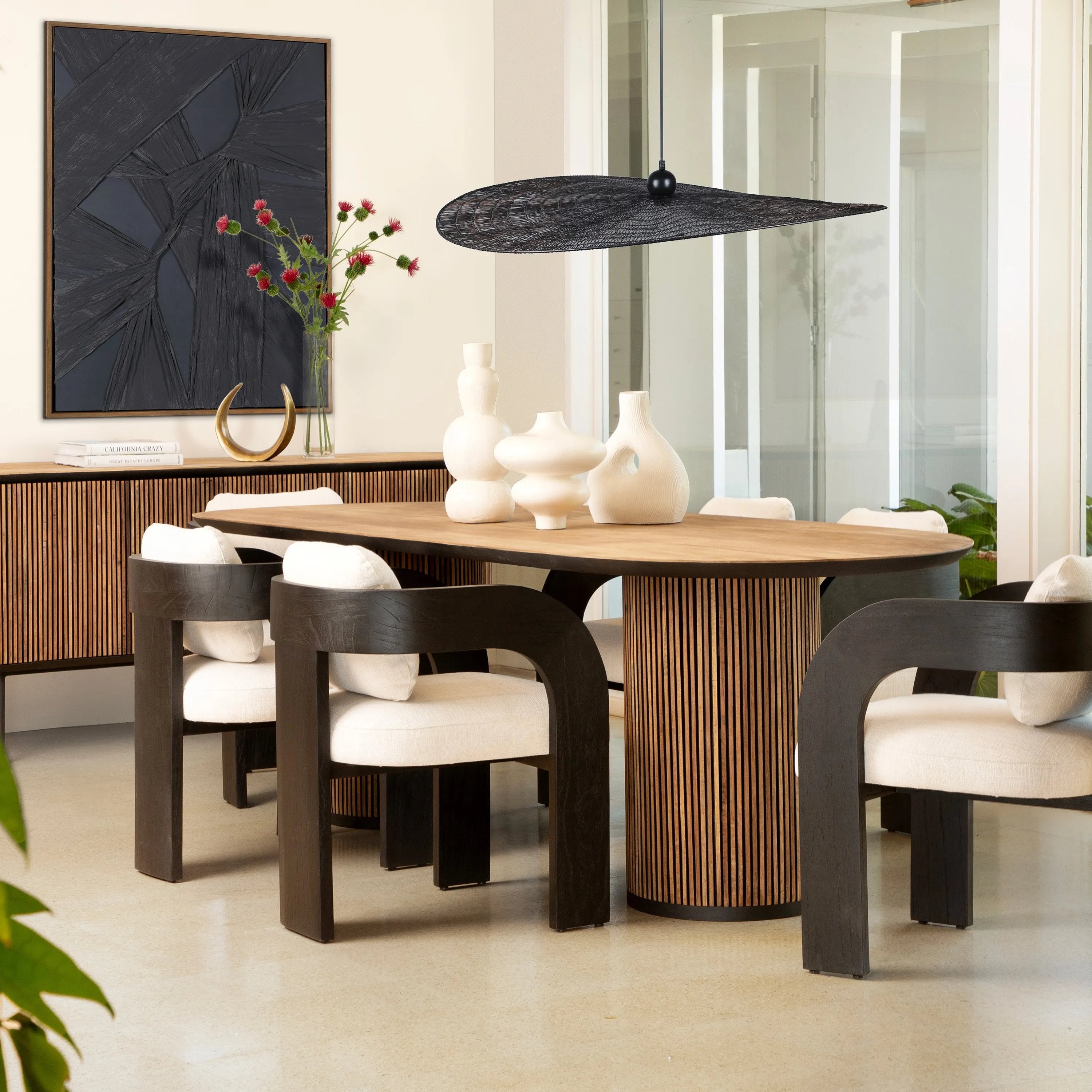 Featuring Dabney Dining Table by Dovetail at Amethyst Home. Depth : 39.5 inFinish : Natural Wood Wash and BlackHeight : 30.5 inMaterial : Teak WoodVolume : 68.5 cu ftWeight : 225 lbsWidth : 98.5 in. Amethyst Home provides interior design, new home construction design consulting, vintage area rugs, and lighting in the Los Angeles metro area.