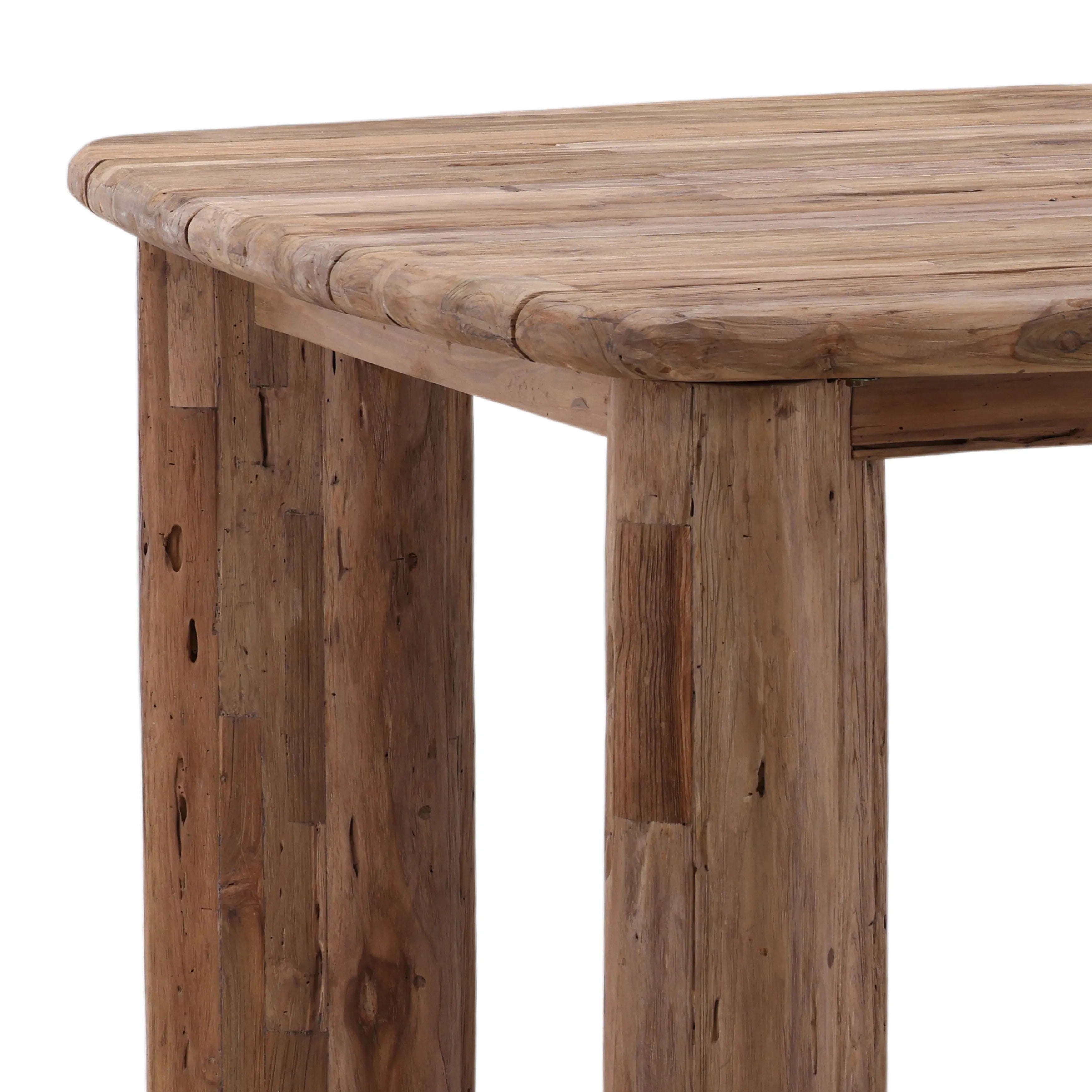 These teak tables are designed for outdoor use, but to preserve their longevity and maintain their appearance, we recommend minimizing exposure to rain and moisture. Prolonged exposure to water can affect the wood's natural finish and may lead to discoloration or surface damage. For best results, cover or store the tables during inclement weather. Amethyst Home provides interior design, new home construction design consulting, vintage area rugs, and lighting in the San Diego metro area.