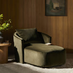 Featuring Joslyn Surrey Olive Chaise Lounge by Four Hands at Amethyst Home. Thick, soft velvet and modern organic curves make this an unforgettable piece.  Perfect for a relaxing corner or pair together for the ultimate movie hangout.Overall Dimensions: 39.00"w x 58.50"d x 33.50"hWeight : 81.57 lbsMaterials : 76.8% Cotton, 23.2% Polyester, Pine Plywood, Solid Pine. Amethyst Home provides interior design, new construction, custom furniture, and area rugs in the Los Angeles metro area