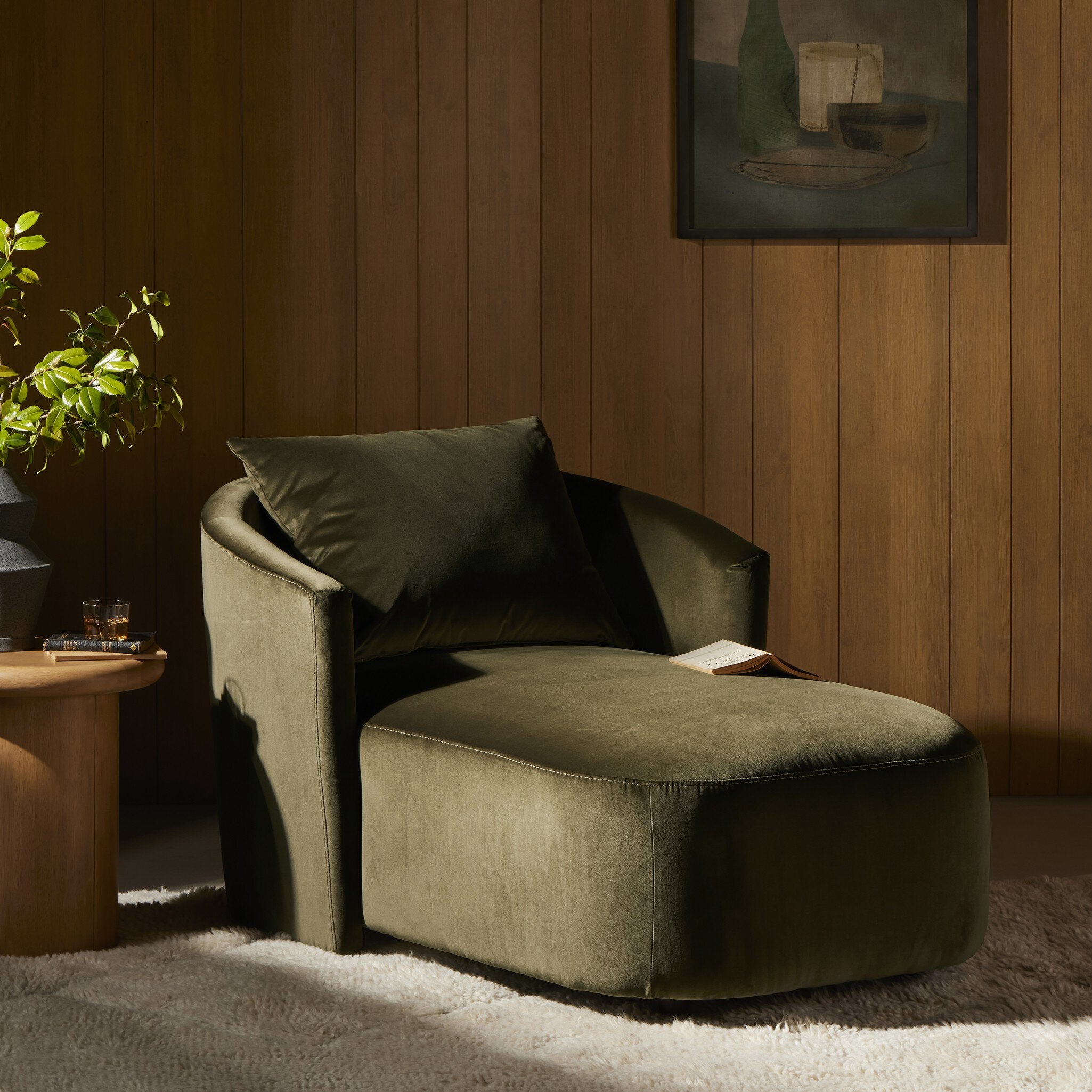 Featuring Joslyn Surrey Olive Chaise Lounge by Four Hands at Amethyst Home. Thick, soft velvet and modern organic curves make this an unforgettable piece.  Perfect for a relaxing corner or pair together for the ultimate movie hangout.Overall Dimensions: 39.00"w x 58.50"d x 33.50"hWeight : 81.57 lbsMaterials : 76.8% Cotton, 23.2% Polyester, Pine Plywood, Solid Pine. Amethyst Home provides interior design, new construction, custom furniture, and area rugs in the Los Angeles metro area