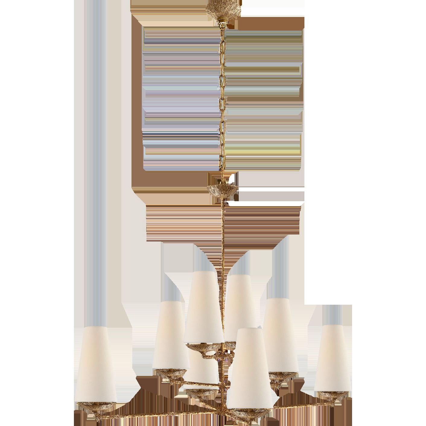 Featuring Fontaine Large Offset Chandelier by Visual Comfort at Amethyst Home. The Fontaine Large Offset Chandelier by Visual Comfort has a slim cross section at the bottom matched with offset layers of linen shades. This is a gorgeous piece to add to any dining room, living room, or other large area. 
Overall Dimensions: 39" L x 39" W x 33.5" HWeight: 37 lbs.  Amethyst Home provides interior design, new home construction design consulting, vintage area rugs, and lighting in the Austin metro area.