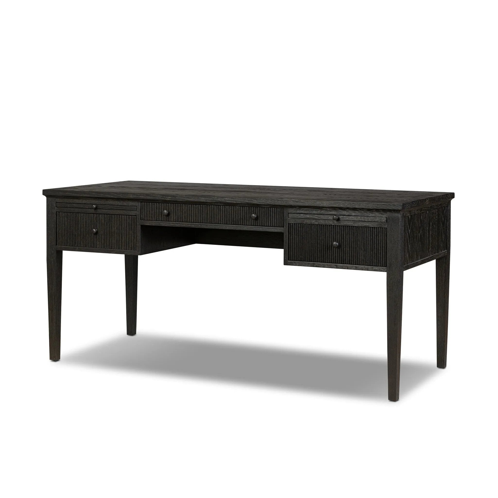 As lovers of luxe style at Amethyst, we love the nature inspired Bush Desk - Distressed Black Oak. This item pairs well with other brands such as Loloi Rugs and is perfect for eclectic homes Amethyst Home provides interior design, new home construction design consulting, vintage area rugs, and lighting in the Houston metro area.