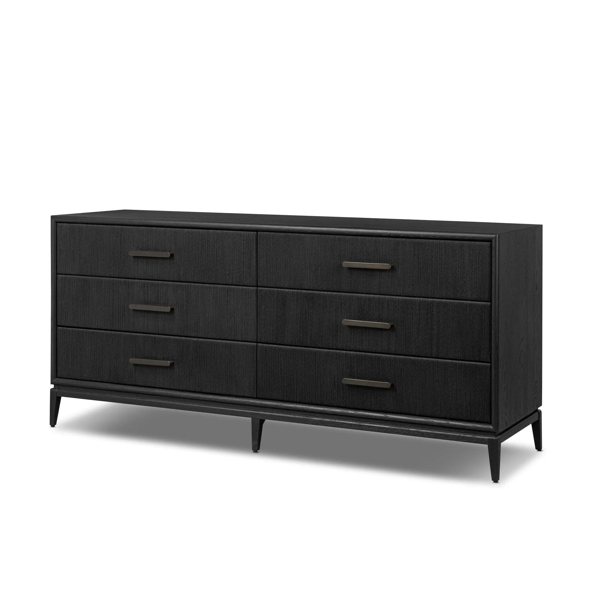 As fans of modern materials at Amethyst, we love the optimistic inspired Rosenell 6 Drawer Dresser - Black Paper Cord. This item pairs well with other brands such as Four Hands and is perfect for loft homes Amethyst Home provides interior design, new home construction design consulting, vintage area rugs, and lighting in the Charlotte metro area.